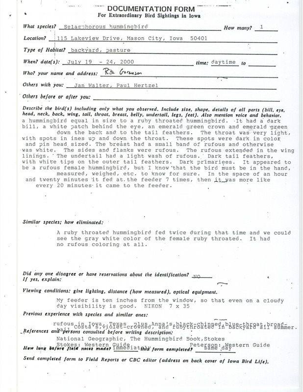 Documentation of a Selasphorus hummingbird sighting in Mason City contributed by Rita Goranson and others, July 19-24, 2000. This item was used as supporting documentation for the Iowa Ornithologists' Union Quarterly field report of summer 2000.