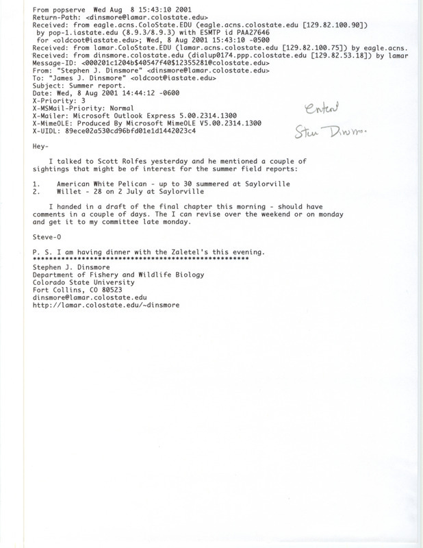 Field notes contributed by Stephen J. Dinsmore in an email to James J. Dinsmore. This item was used as supporting documentation for the Iowa Ornithologists' Union Quarterly field report of summer 2001.