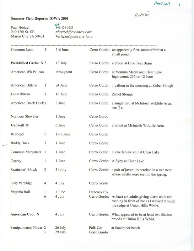 List of birds and locations contributed by Paul Hertzel. Includes a list of common bird nesters and a hand-drawn picture of a Yellow-rumped Warbler. This item was used as supporting documentation for the Iowa Ornithologists' Union Quarterly field report of summer 2001.