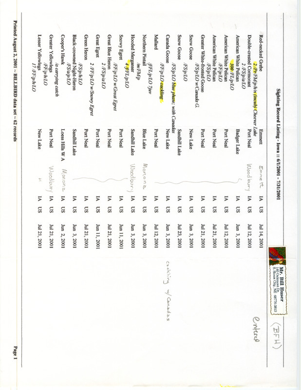 List of birds and locations contributed by Bill F. Huser. This item was used as supporting documentation for the Iowa Ornithologists' Union Quarterly field report of summer 2001.