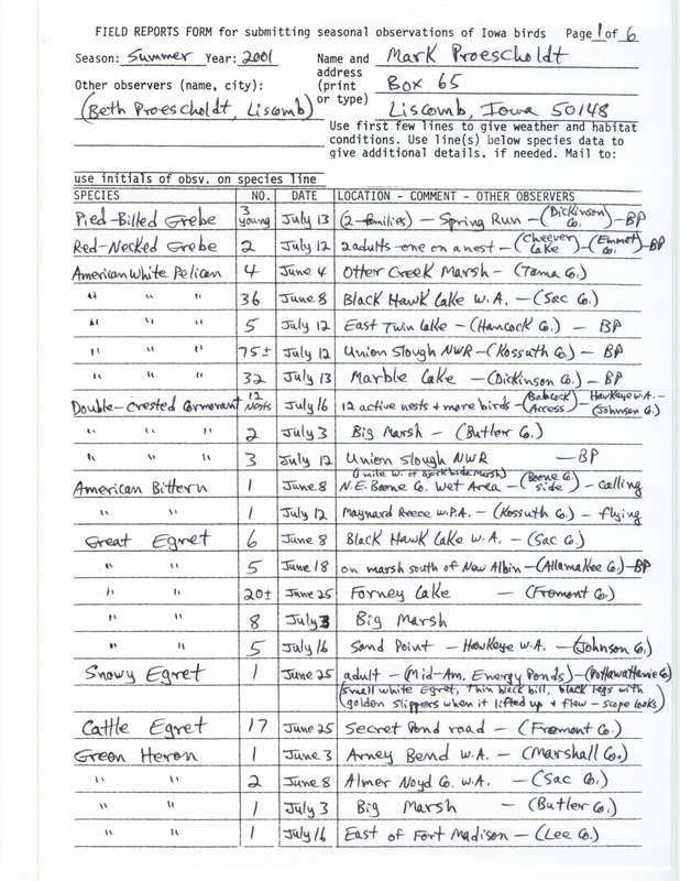 List of birds and locations contributed by Mark Proescholdt with observer Beth Proescholdt. This item was used as supporting documentation for the Iowa Ornithologists' Union Quarterly field report of summer 2001.