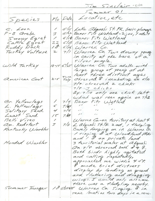 List of birds and locations contributed by Jim Sinclair. This item was used as supporting documentation for the Iowa Ornithologists' Union Quarterly field report of summer 2001.