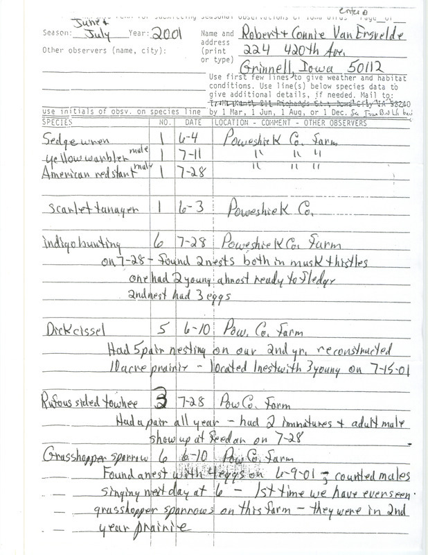 List of birds and locations contributed by Robert Van Ersvelde and Connie Van Ersvelde. This item was used as supporting documentation for the Iowa Ornithologists' Union Quarterly field report of summer 2001.