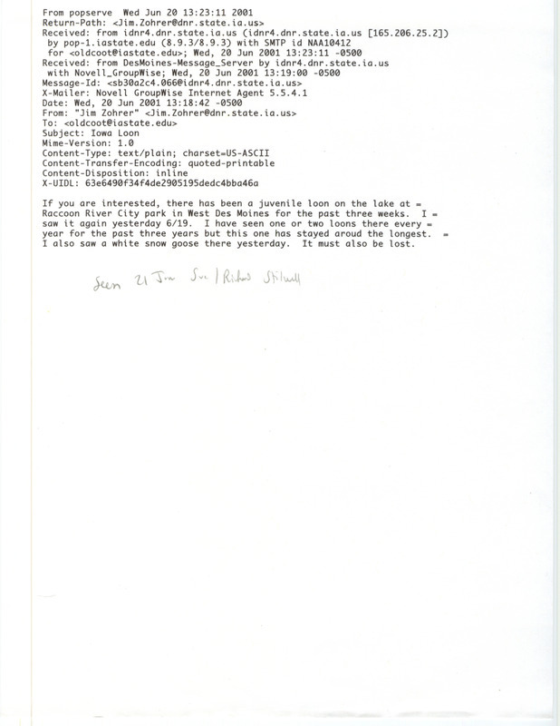 Field notes contributed by James J. Zohrer in an email to James J. Dinsmore. The field notes include his sighting of a juvenile Loon over a period of three weeks. This item was used as supporting documentation for the Iowa Ornithologists' Union Quarterly field report of summer 2001.