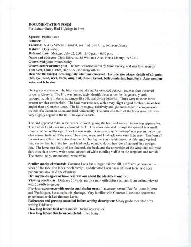 Documentation of a Pacific Loon sighting contributed by Chris Edwards, July 2, 2001. This item was used as supporting documentation for the Iowa Ornithologists' Union Quarterly field report of summer 2001.