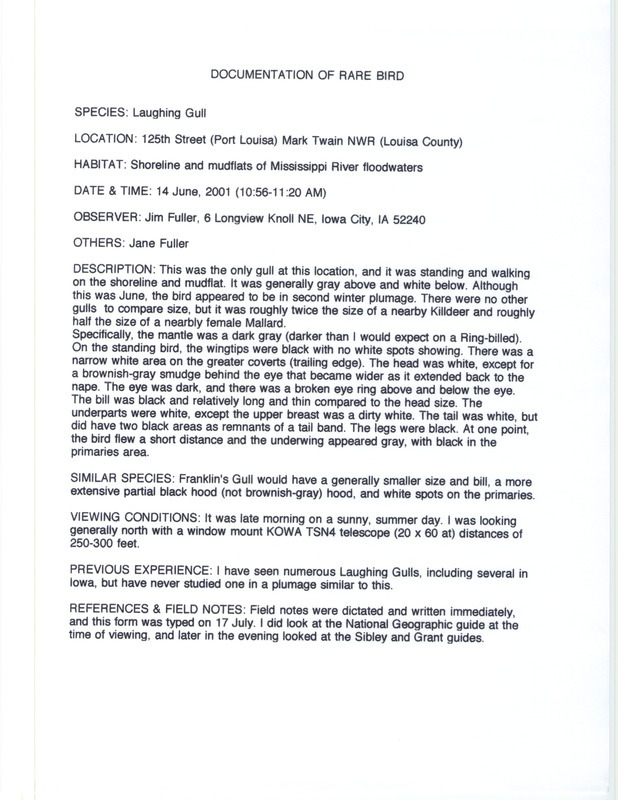 Documentation of a Laughing Gull sighting contributed by James L. Fuller, June 14, 2001. This item was used as supporting documentation for the Iowa Ornithologists' Union Quarterly field report of summer 2001.