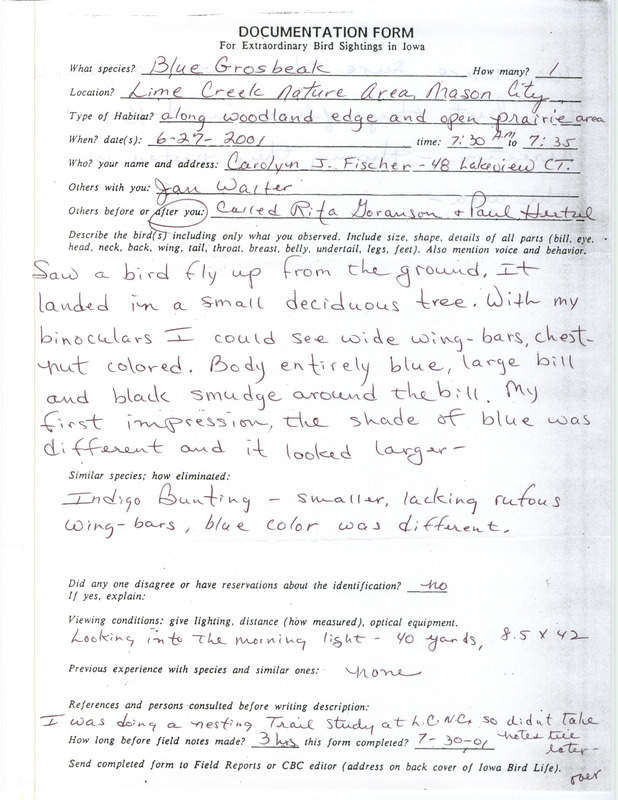 Documentation of a Blue Grosbeak sighting contributed by Carolyn J. Fischer, June 27, 2001. This item was used as supporting documentation for the Iowa Ornithologists' Union Quarterly field report of summer 2001.