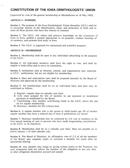 Constitution of the Iowa Ornithologists' Union approved by vote of the general membership at Marshalltown on 18 May 1985.