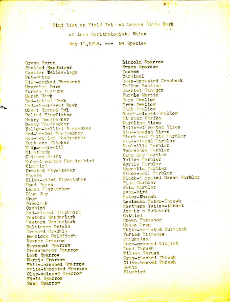 A list of 94 bird species observed on an Iowa Ornithologists Union field trip to Ledges State Park on May 12, 1928.