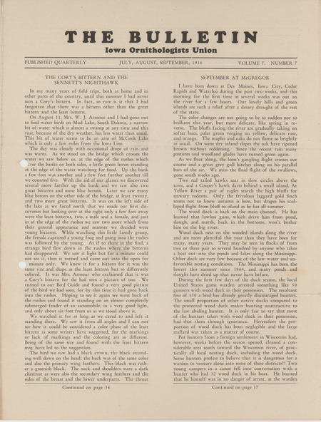 Issue number 7, volume 7 of the Iowa Ornithologists Union newsletter titled "The bulletin." It was published quarterly and title eventually changed to "Iowa bird life."