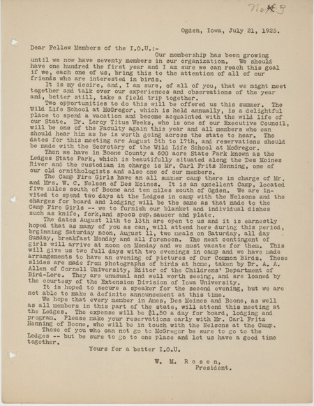 Letter to members of the Iowa Ornithologists' Union encouraging them to meet to talk about their experiences and observations over the past year. The letter also proposes a three day group field trip to Ledges State Park in Boone County. Letter is signed by W. M. Rosen (Walter Rosene).
