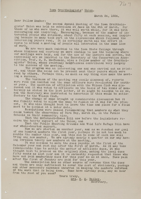 Letter to members of the Iowa Ornithologists' Union summarizing the second annual meeting held on March 8, 1924 in Ames, Iowa. Mary L. Bailey signed the letter as Mrs. H.M. Bailey.