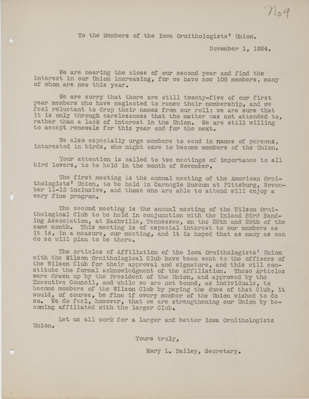 Letter to members of the Iowa Ornithologists' Union about two important upcoming meetings. Meetings include the American Ornithologists' Union meeting held in Pittsburgh, Pennsylvania, November 11-13, 1924 and the annual meeting of the Wilson Ornithological Club held in Nashville, Tennessee, November 28-29, 1924.