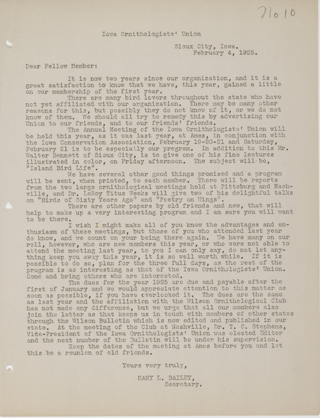 Letter to members of the Iowa Ornithologists' Union about the annual meeting to be held February 19-21, 1924 in Ames, Iowa. Includes a brief preliminary meeting program. Mary L. Bailey signs as the secretary of the Union.