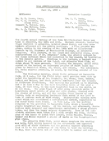 Minutes from the fourth annual meeting of the Iowa Ornithologists' Union held in Atlantic, Iowa, May 14-15, 1926. Minutes were signed by W. H. Rosen (Walter Rosene), president and Kenneth R. Nelsen, secretary.