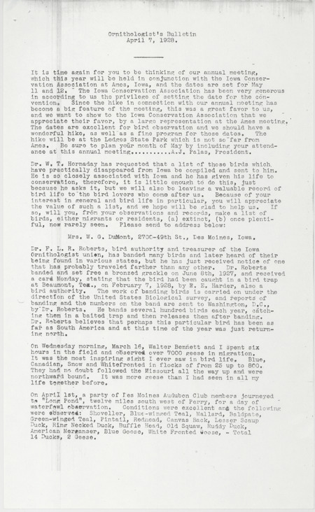 Letter to members of the Iowa Ornithologists' Union about the annual meeting to be held May 11-12, 1928 in Ames, Iowa. The letter is signed by Arthur J. Palas and Kenneth R. Nelson.