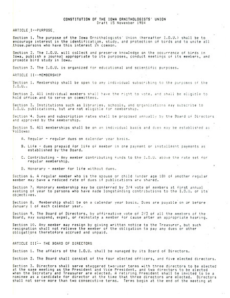 Draft Constitution for the Iowa Ornithologists' union includes eleven articles followed be several numbered sections outlining the proposal.