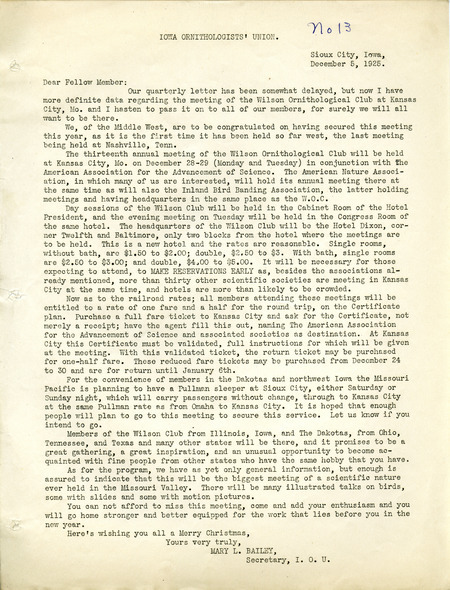 Letter to members of the Iowa Ornithologists' Union regarding the upcoming annual meeting of the Wilson Ornithological Club to be held in Kansas City, Missouri, December 28-29, 1925. The meeting will be held in conjunction with the American Association for the Advancement of Science.