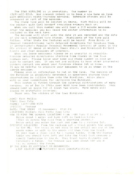 Richard Jule Hollis letter to Hank Zaletel announcing that the Iowa Birdline is now in operation. The letter includes directions on how to use the Iowa Birdline. This letter was sent to Hank Zaletel in advance of sending a letter to all members of the Iowa Ornithologists' Union.