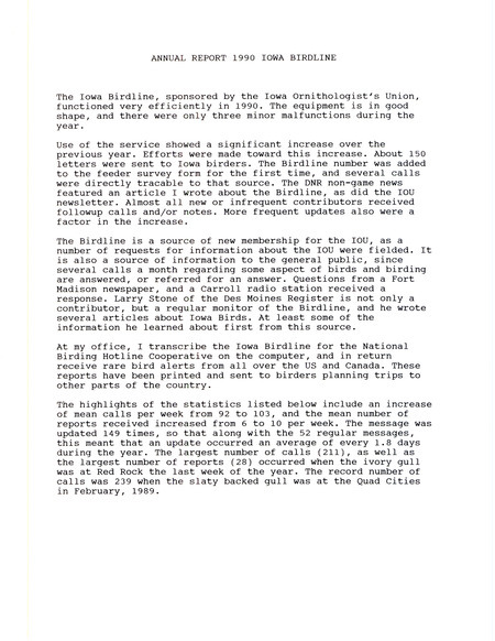 Iowa Birdline annual report for 1990. The report includes usage statistics between 1989 and 1990.