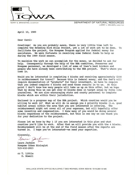 Laura Spess Jackson letter to Carol A. Thompson regarding federal money received to help with the Breeding Bird Atlas Project for 1989. In the letter, Laura Spess Jackson asks Carol A. Thompson if she is interested in completing four blocks for the project.