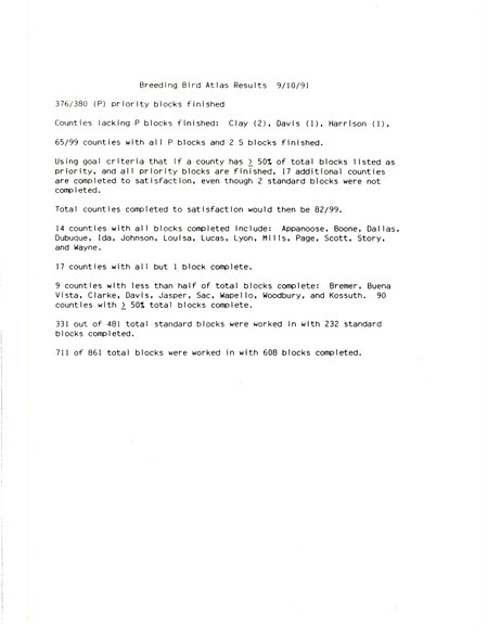 Notes regarding progress on research used as supporting documentation for the Iowa Ornithologists' Union's Breeding Bird Atlas.