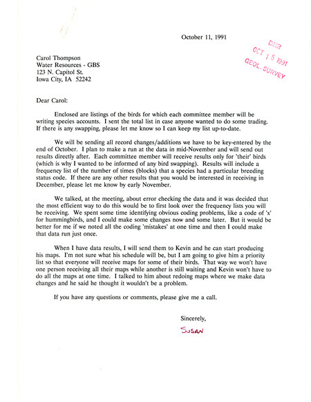 Letter to Carol A. Thompson regarding the writing of species accounts for the Iowa Breeding Bird Atlas. Includes lists of bird species delegated to each individual.