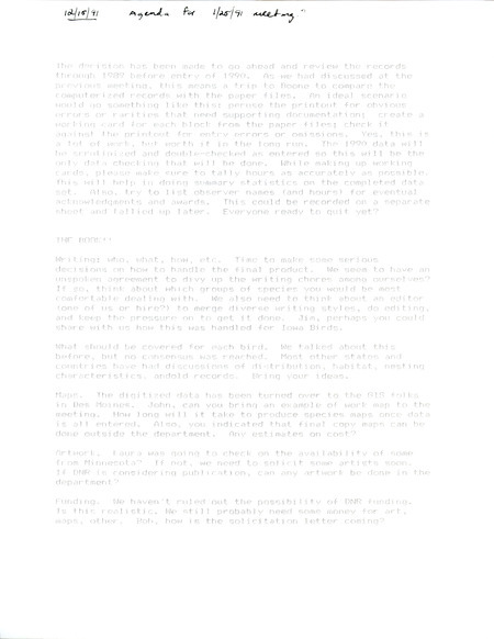 Agenda for the meeting of the Breeding Bird Atlas Committee, December 15, 1991. The agenda regards work on the Iowa Ornithologists' Union's Breeding Bird Atlas Project.