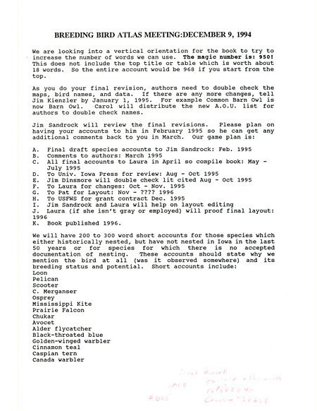 Meeting notes for the Breeding Bird Atlas project, December 9, 1994. Discusses revision plan for the final draft of the Iowa Ornithologist's Union's Breeding Bird Atlas.