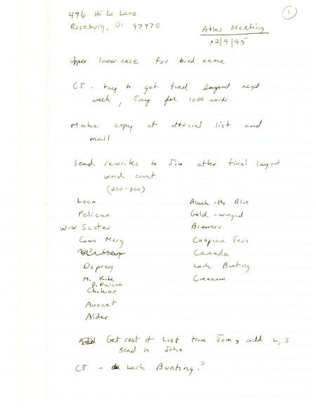 Handwritten meeting notes for the Iowa Ornithologists' Union's Breeding Bird Atlas project, December, 9, 1995.