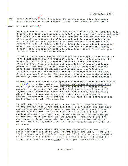 Letter from James P. Sandrock to Laura Jackson, Carol Thompson, Bruce Ehresman, Lisa Hemesath, Jim Dinsmore, John Fleckenstein, Pat Schlarbaum, and Robert Cecil regarding editing for the Breeding Bird Atlas.