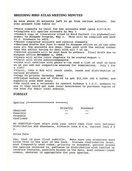 Meeting minutes Breeding Bird Atlas Project, circa 1994. The meeting regards revisions and other publication details for the to be published Breeding Bird Atlas.