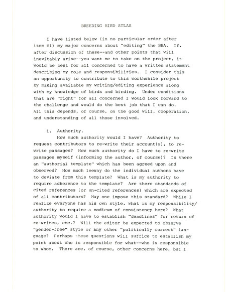 Notes from James P. Sandrock regarding editorial details about the Breeding Bird Atlas.