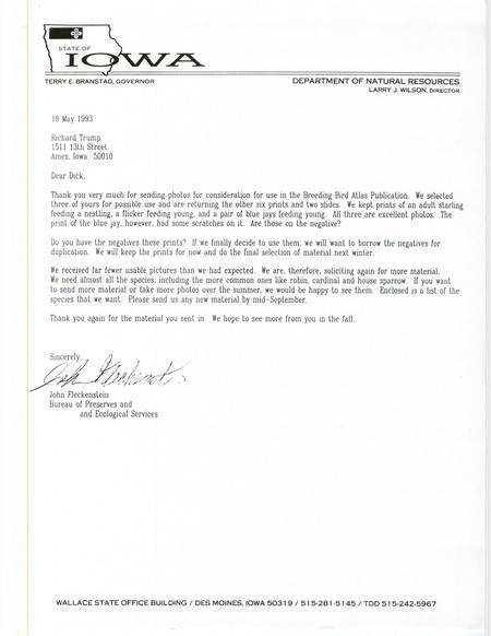Letter from John Fleckenstein to Richard F. Trump discussing transparencies of bird photographs, May 18, 1993. These photographs were to be used in the creation of the Breeding Bird Atlas.