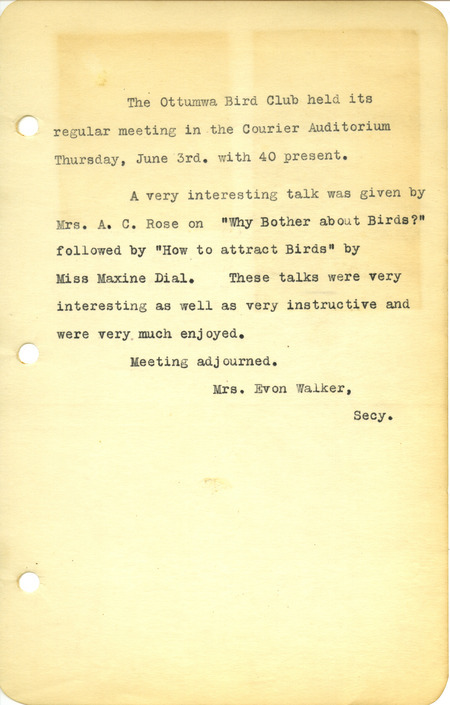 Meeting minutes from the Ottumwa Bird Club, June 3, 1943. Talks were given by Mrs. A. C. Rose and Maxine Dial.