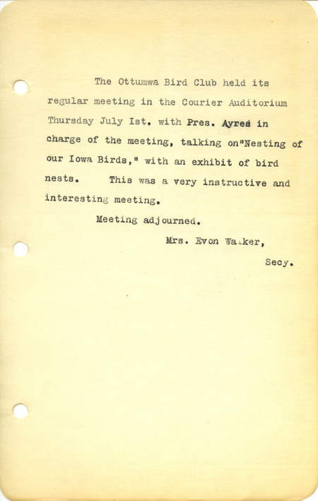 Meeting minutes from the Ottumwa Bird Club, July 1, 1943. Mentions presentation given on bird nesting in Iowa.