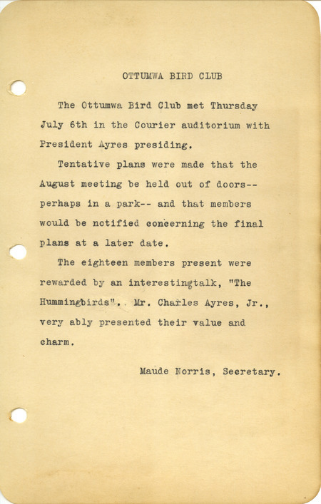 Meeting minutes from the Ottumwa Bird Club, July 6, 1944. A talk was given at the meeting on Hummingbirds.