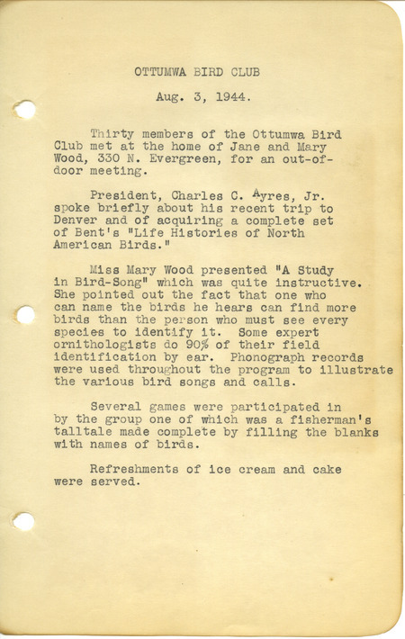 Meeting minutes from the Ottumwa Bird Club, August 3, 1944. A talk on bird songs was given by Mary Wood.