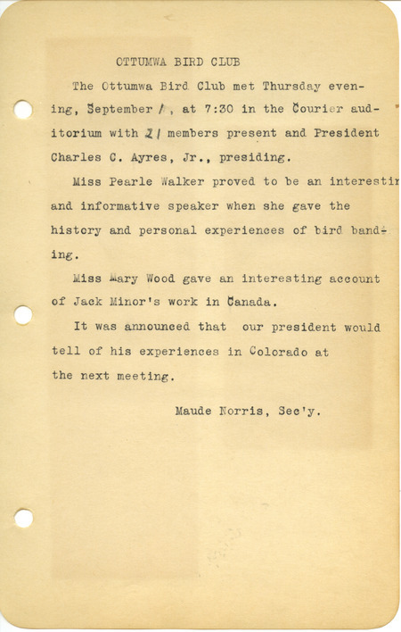 Meeting minutes from the Ottumwa Bird Club, September 1, 1944. A talk on bird banding was given by Pearle Walker.
