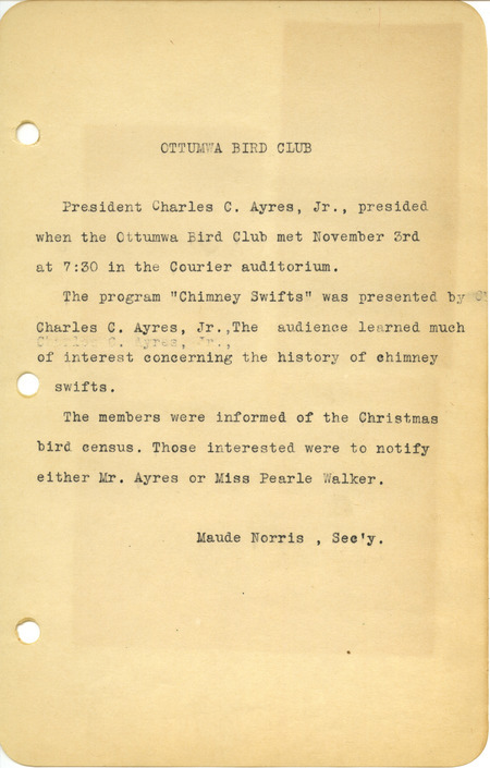 Meeting minutes from the Ottumwa Bird Club, November 3, 1944. Charles C. Ayres, Jr. gave a talk on Chimney Swifts.