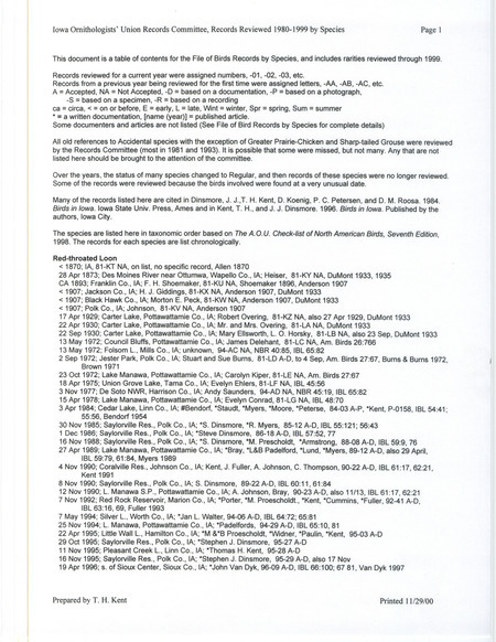 The document lists rare bird sightings reviewed between 1980-1999. It includes the dates and locations of sightings with observer names and the results of the review process.