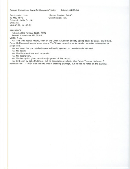 Records Committee review for an unspecified number of Red-throated Loons at Folsom Lake in Mills County on May 13, 1972. Includes a record review document with votes, the original sighting record found in the publication Nebraska Bird Review seen by an unknown observer.