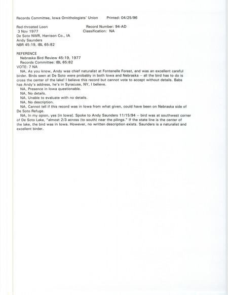 Records Committee review for a Red-throated Loon at De Soto National Wildlife Refuge in Harrison County on November 3, 1977. Includes a record review document with votes, the original sighting record found in the publication Nebraska Bird Review seen by Andy Saunders.