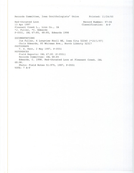 Record Committee review for a Red-throated Loon at Pleasant Creek Lake in Linn County, IA on April 13, 1997. Includes a record review document with votes, an Iowa Bird Life article, a photo and two documentation forms submitted to the committee.