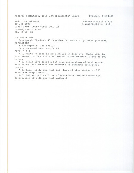 Records Committee review for a Red-throated Loon at Clear Lake in Cerro Gordo County, IA on October 29, 1997. Includes a record review document and a documentation form submitted to the committee.