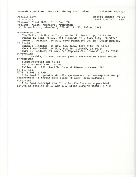 Records Committee review for a Pacific Loon at Pleasant Creek State Park in Linn County, IA on November 9, 1991. Includes a record review document with votes, a photo, pages from an issue of Iowa Bird Life, and six documentation forms submitted to the committee.
