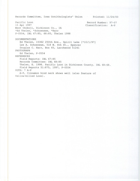 Records Committee review for a Pacific Loon at West Okoboji in Dickinson County, IA on April 15, 1997. Includes a record review document with votes, two photos, an article of Iowa Bird Life, and three documentation forms submitted to the committee.