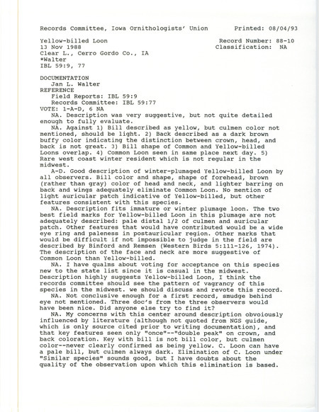 Records Committee review for a Yellow-billed Loon at Clear Lake in Cerro Gordo County, IA on November 13, 1988. Includes a record review document with votes and a documentation form submitted to the committee.