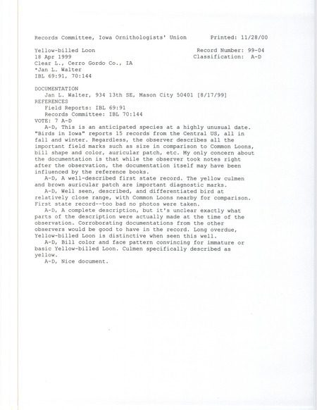Records Committee review for a Yellow-billed Loon at Clear Lake in Cerro Gordo County, IA on April 18, 1999. Includes a record review document with votes and a documentation form submitted to the committee.