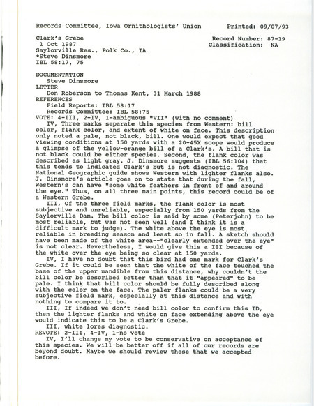 Records Committee review for a Clark's Grebe at Saylorville Reservoir in Polk County, IA on October 1, 1987. Includes a record review document with votes and a documentation form submitted to the committee.